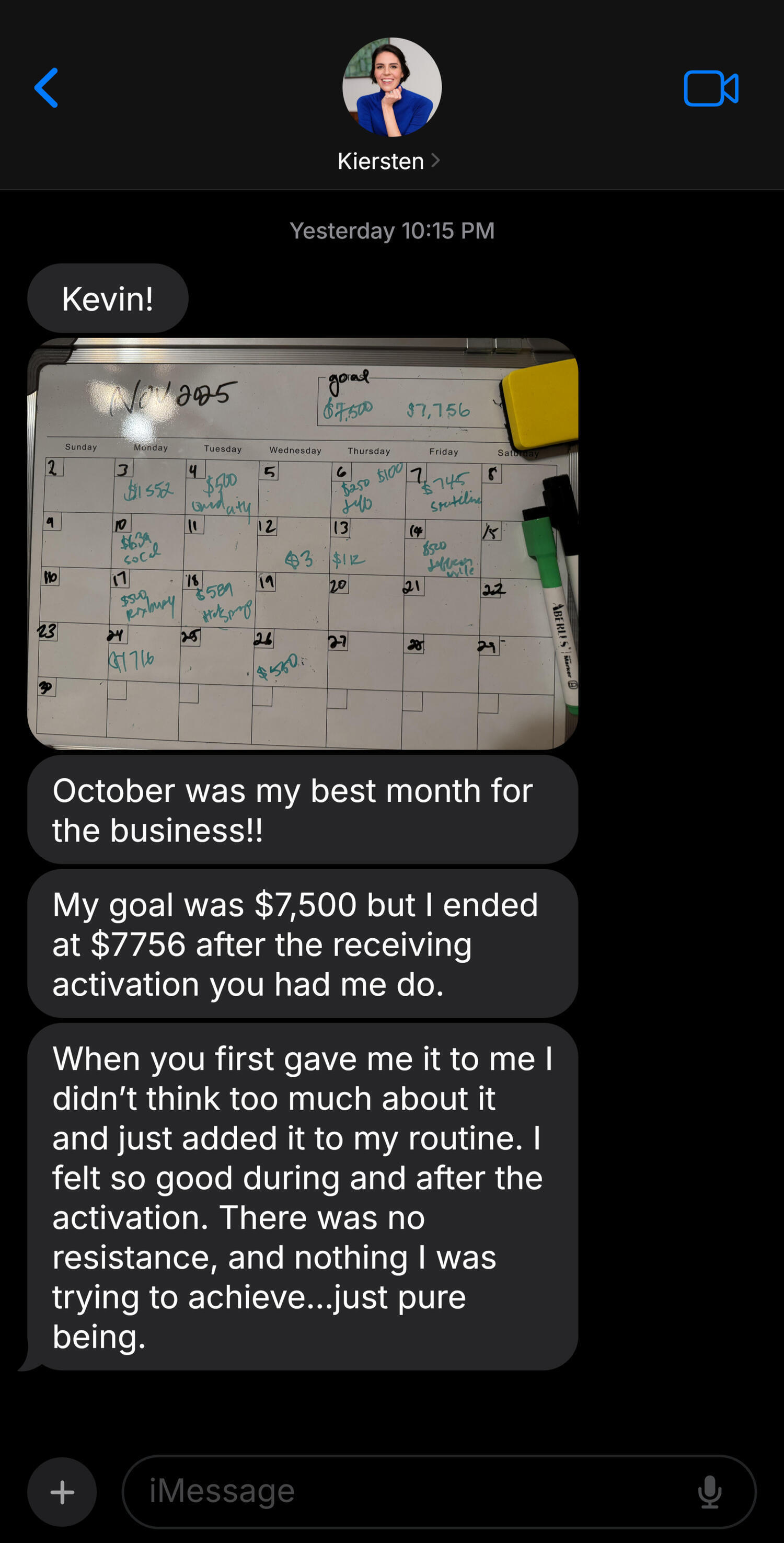 Client message screenshot describing a best month in business and a 7,756 dollar result
