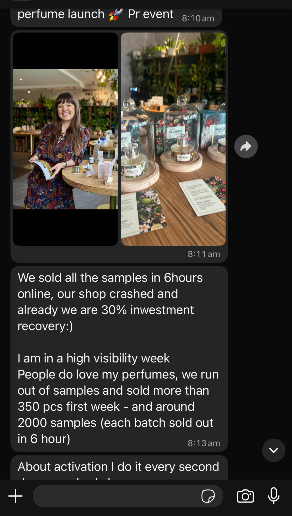 Client message screenshot describing a perfume launch and sold-out samples